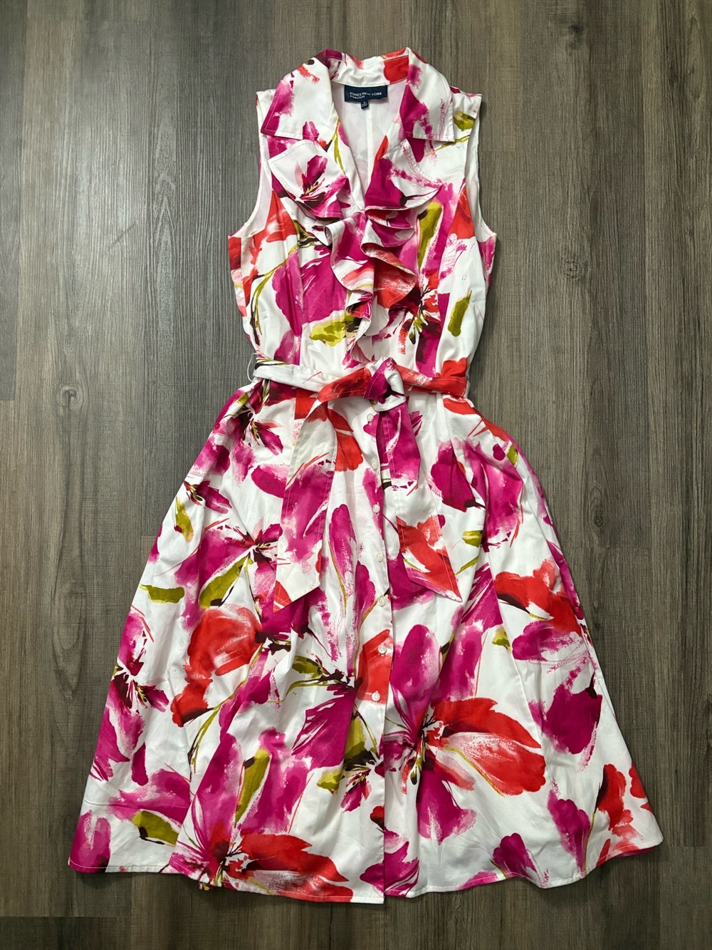 Jones New York White Floral Ruffle Midi Dress in Pink & Red